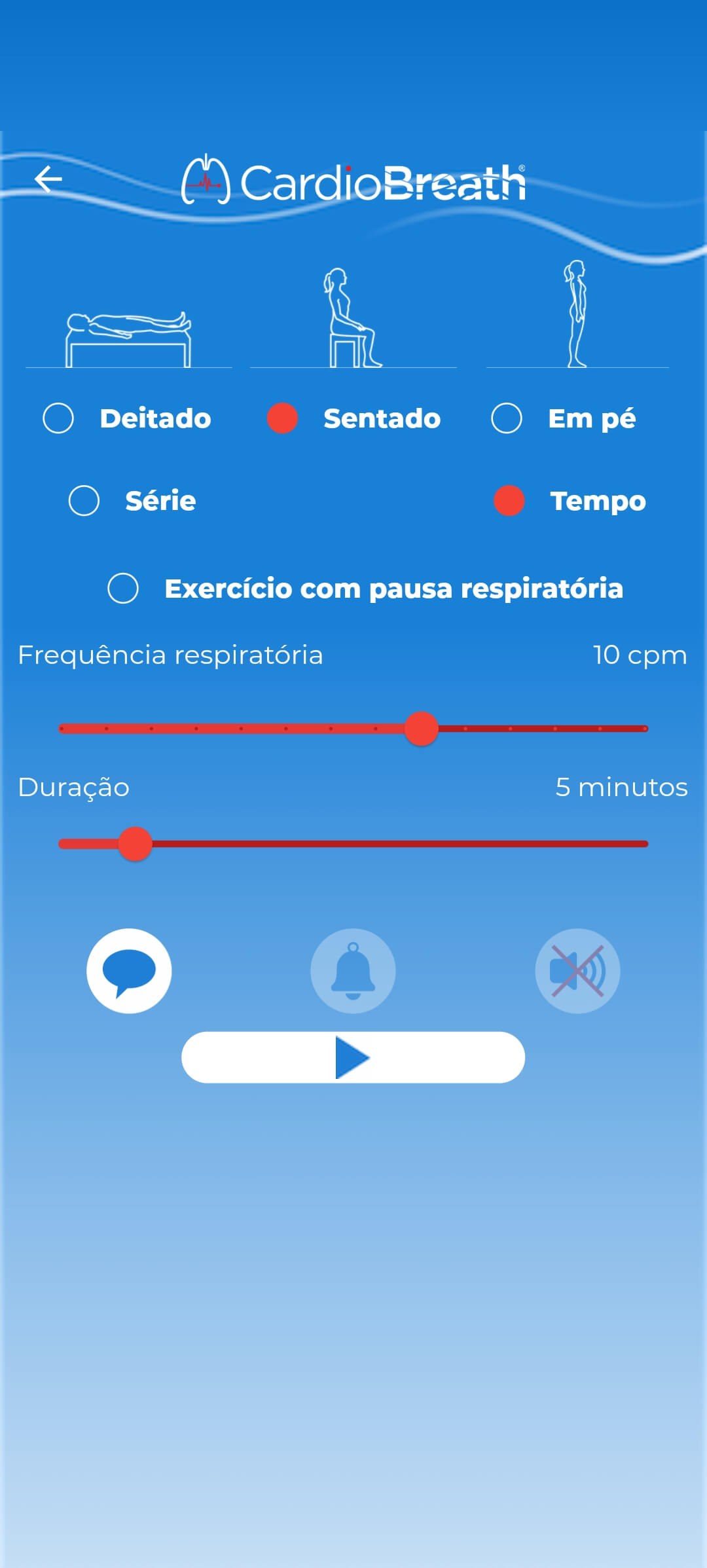Tela real do app CardioBreath®: escolha de postura, frequência respiratória de 10 cpm e duração do exercício
